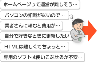 ホームページって運営が難しそう…パソコンの知識がないので…業者さんに頼むと費用が…自分で好きなときに更新したい…HTMLは難しくてちょっと…専用のソフトは使いこなせるか不安…